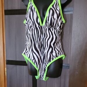 Zebra Print One-Piece Swimsuit with Neon Green Trim